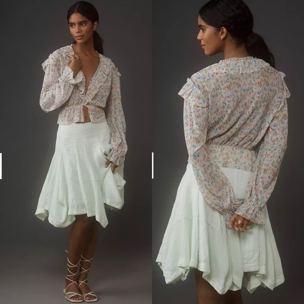 Anthropologie Floral Long Sleeves Mesh Ruffle Blouse Top Size Medium